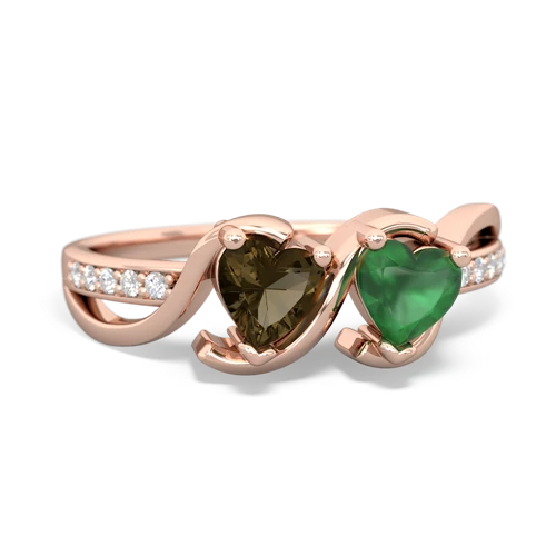 smoky quartz-emerald double heart ring