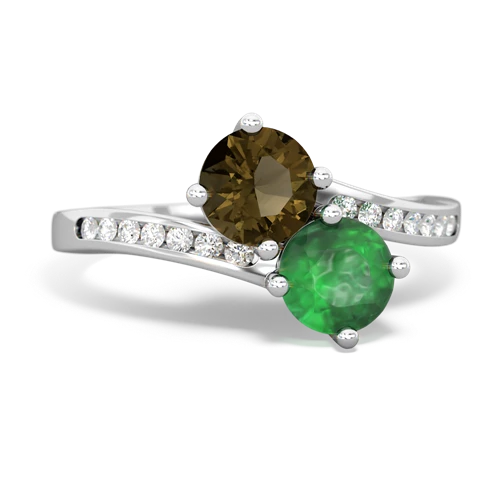 smoky quartz-emerald two stone channel ring