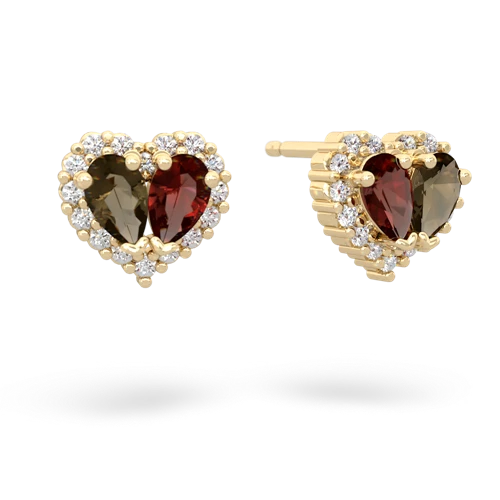 smoky quartz-garnet halo-heart earrings