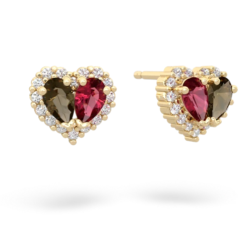 smoky quartz-lab ruby halo-heart earrings