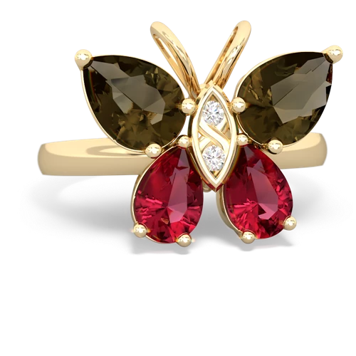 smoky quartz-lab ruby butterfly ring