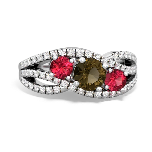 smoky quartz-lab ruby three stone pave ring