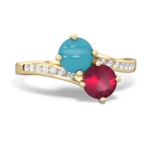 turquoise-ruby two stone channel ring