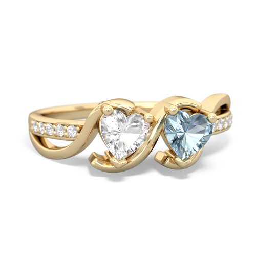 white topaz-aquamarine double heart ring