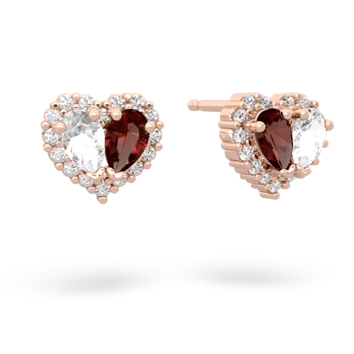 white topaz-garnet halo-heart earrings