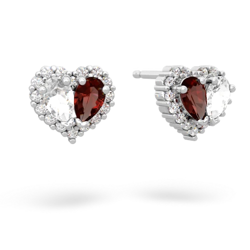 white topaz-garnet halo-heart earrings