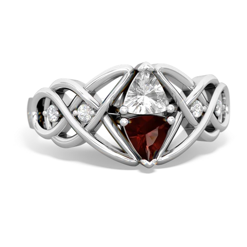 white topaz-garnet celtic knot ring