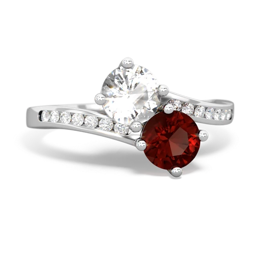 white topaz-garnet two stone channel ring