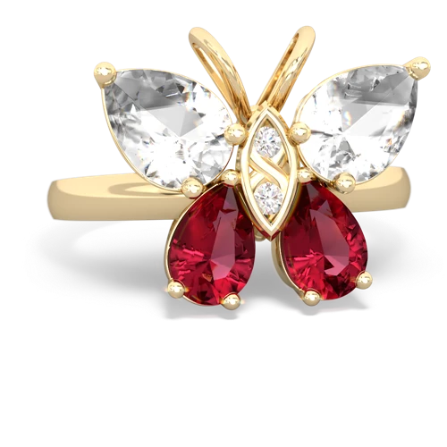 white topaz-lab ruby butterfly ring