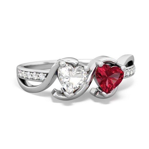 white topaz-lab ruby double heart ring