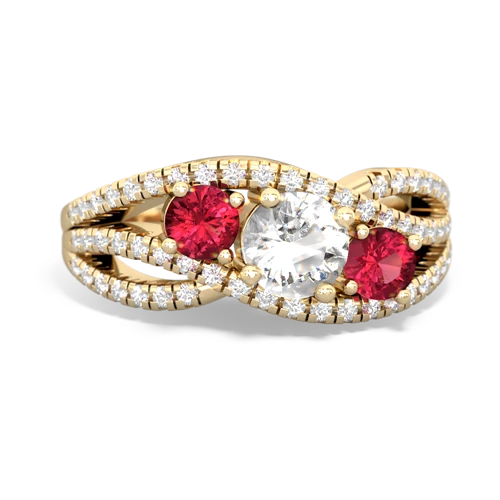 white topaz-lab ruby three stone pave ring