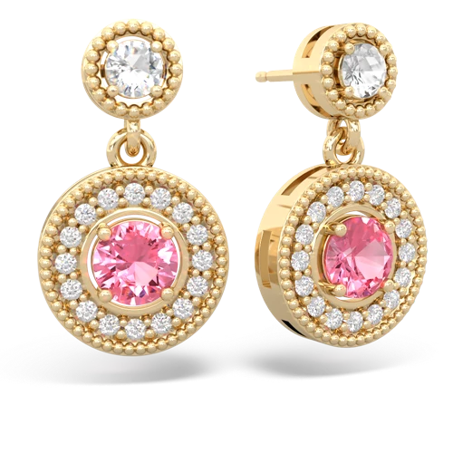 white topaz-pink sapphire halo earrings