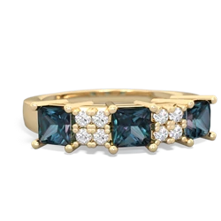 Lab Emerald Three Stone Diamond Cluster 14K Yellow Gold ring R2592