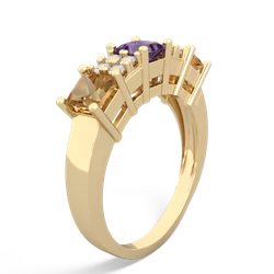 Amethyst Three Stone Diamond Cluster 14K Yellow Gold ring R2592