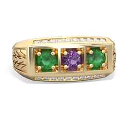 Amethyst Three Stone Tire Tread Men's 14K Yellow Gold ring R0520