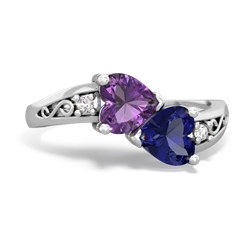 Amethyst Snuggling Hearts 14K White Gold ring R2178