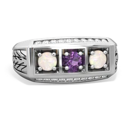 Amethyst Three Stone Tire Tread Men's 14K White Gold ring R0520