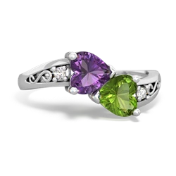 Amethyst Snuggling Hearts 14K White Gold ring R2178