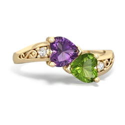 Amethyst Snuggling Hearts 14K Yellow Gold ring R2178