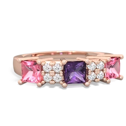 Amethyst Three Stone Diamond Cluster 14K Rose Gold ring R2592