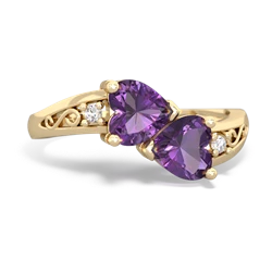 Amethyst Snuggling Hearts 14K Yellow Gold ring R2178