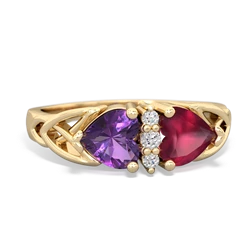 Amethyst Celtic Knot Double Heart 14K Yellow Gold ring R5040