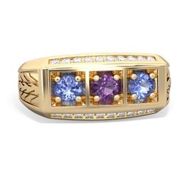 Amethyst Three Stone Tire Tread Men's 14K Yellow Gold ring R0520