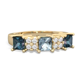 Aquamarine Three Stone Diamond Cluster 14K Yellow Gold ring R2592