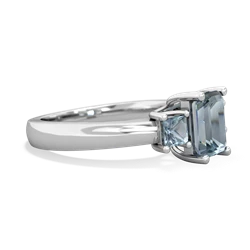 Lab Sapphire Three Stone Emerald-Cut Trellis 14K White Gold ring R4021