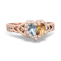 Aquamarine Celtic Knot Two Hearts As One 14K Rose Gold ring R2644HRT