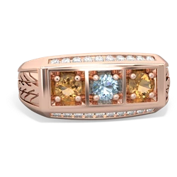 Aquamarine Three Stone Tire Tread Men's 14K Rose Gold ring R0520