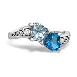 Aquamarine Snuggling Hearts 14K White Gold ring R2178