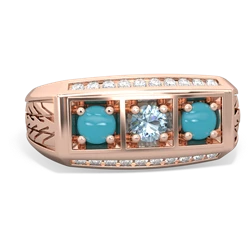 Aquamarine Three Stone Tire Tread Men's 14K Rose Gold ring R0520