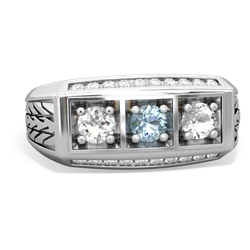 Aquamarine Three Stone Tire Tread Men's 14K White Gold ring R0520