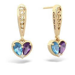 Blue Topaz Filligree Heart 14K Yellow Gold earrings E5070