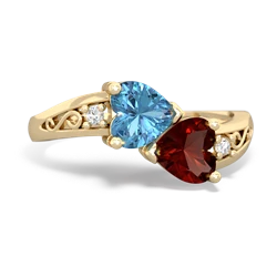 Blue Topaz Snuggling Hearts 14K Yellow Gold ring R2178