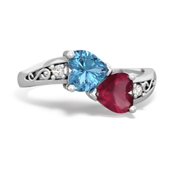 Blue Topaz Snuggling Hearts 14K White Gold ring R2178