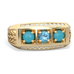 Blue Topaz Three Stone Tire Tread Men's 14K Yellow Gold ring R0520