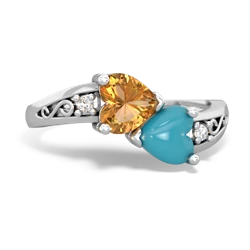 Citrine Snuggling Hearts 14K White Gold ring R2178