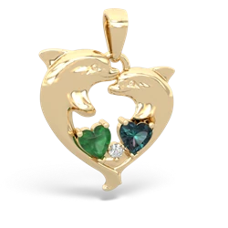 Emerald Dolphin Heart 14K Yellow Gold pendant P5820