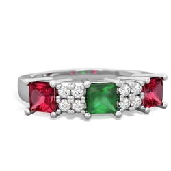 Emerald Three Stone Diamond Cluster 14K White Gold ring R2592