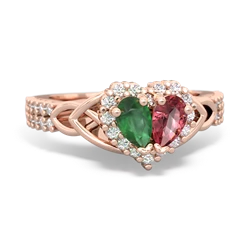 Emerald Celtic Knot Two Hearts As One 14K Rose Gold ring R2644HRT