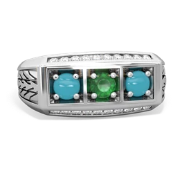 Emerald Three Stone Tire Tread Men's 14K White Gold ring R0520