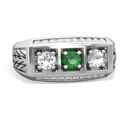 Emerald Three Stone Tire Tread Men's 14K White Gold ring R0520