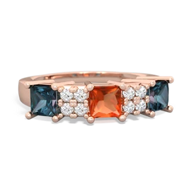 Fire Opal Three Stone Diamond Cluster 14K Rose Gold ring R2592