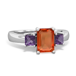 Fire Opal Three Stone Emerald-Cut Trellis 14K White Gold ring R4021