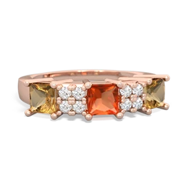 Fire Opal Three Stone Diamond Cluster 14K Rose Gold ring R2592