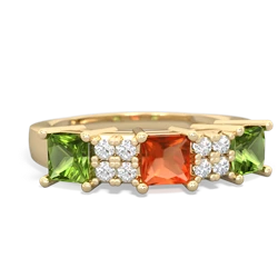 Fire Opal Three Stone Diamond Cluster 14K Yellow Gold ring R2592