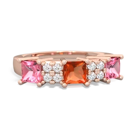 Fire Opal Three Stone Diamond Cluster 14K Rose Gold ring R2592