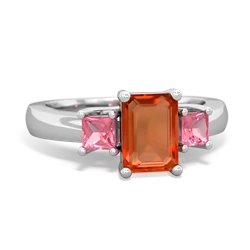 Fire Opal Three Stone Emerald-Cut Trellis 14K White Gold ring R4021